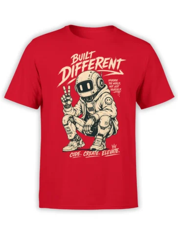 Red T-shirt with a futuristic robot, peace sign, and bold “Built Different” lettering