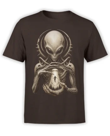 Brown alien T-shirt showing a detailed extraterrestrial holding a beam of light with a floating human