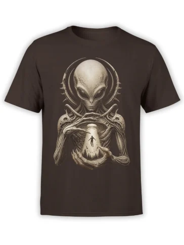 Brown alien T-shirt showing a detailed extraterrestrial holding a beam of light with a floating human