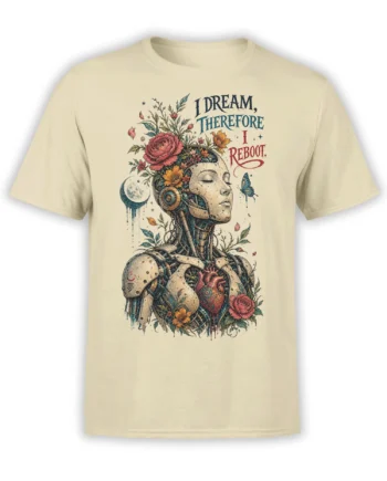 Beige robot T-shirt with roses, flowers, butterfly, crescent moon, and “I Dream, Therefore I Reboot” artwork