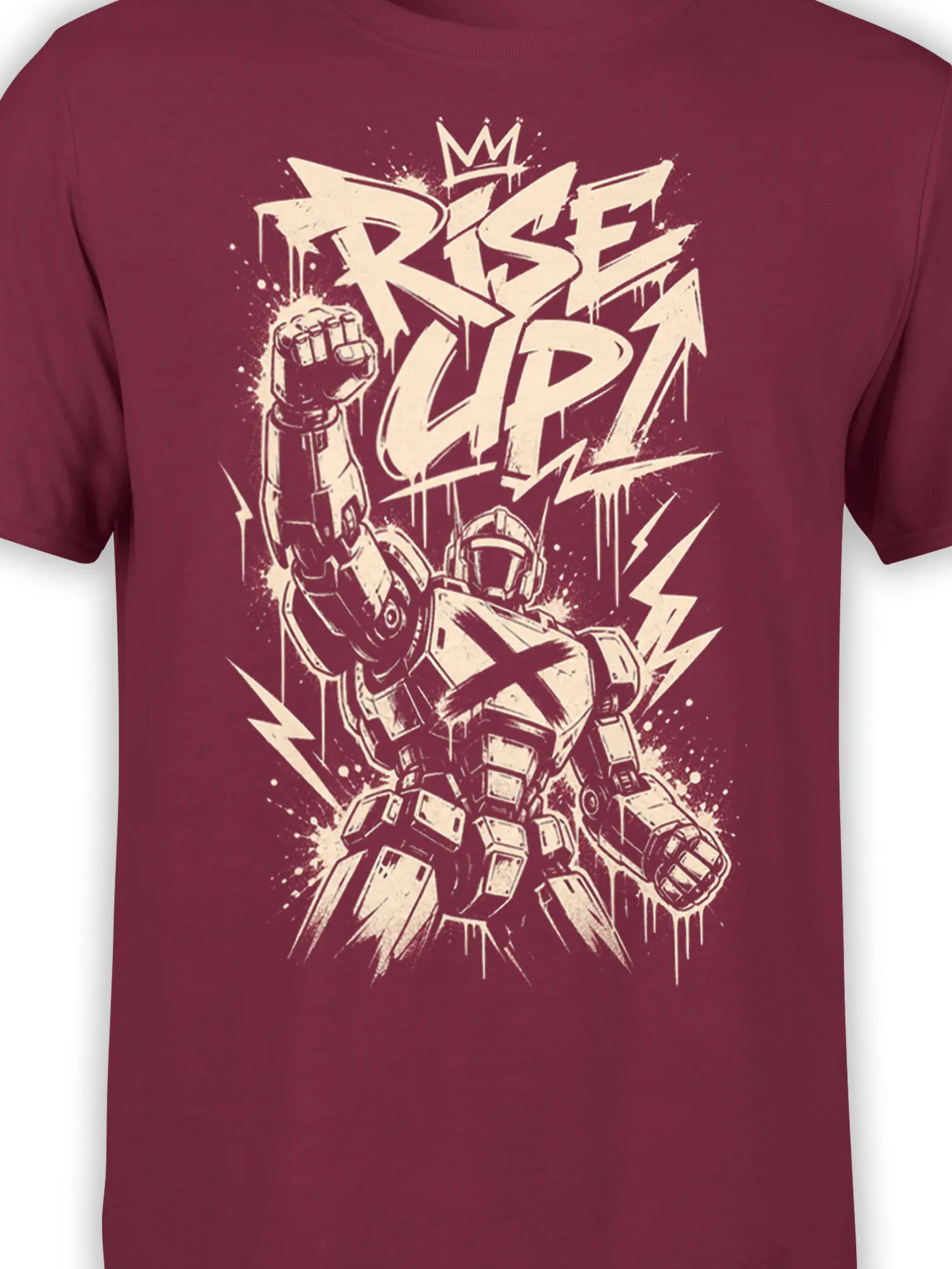Close-up of the RISE UP mech graphic with a raised fist, crown, and lightning bolts on burgundy fabric