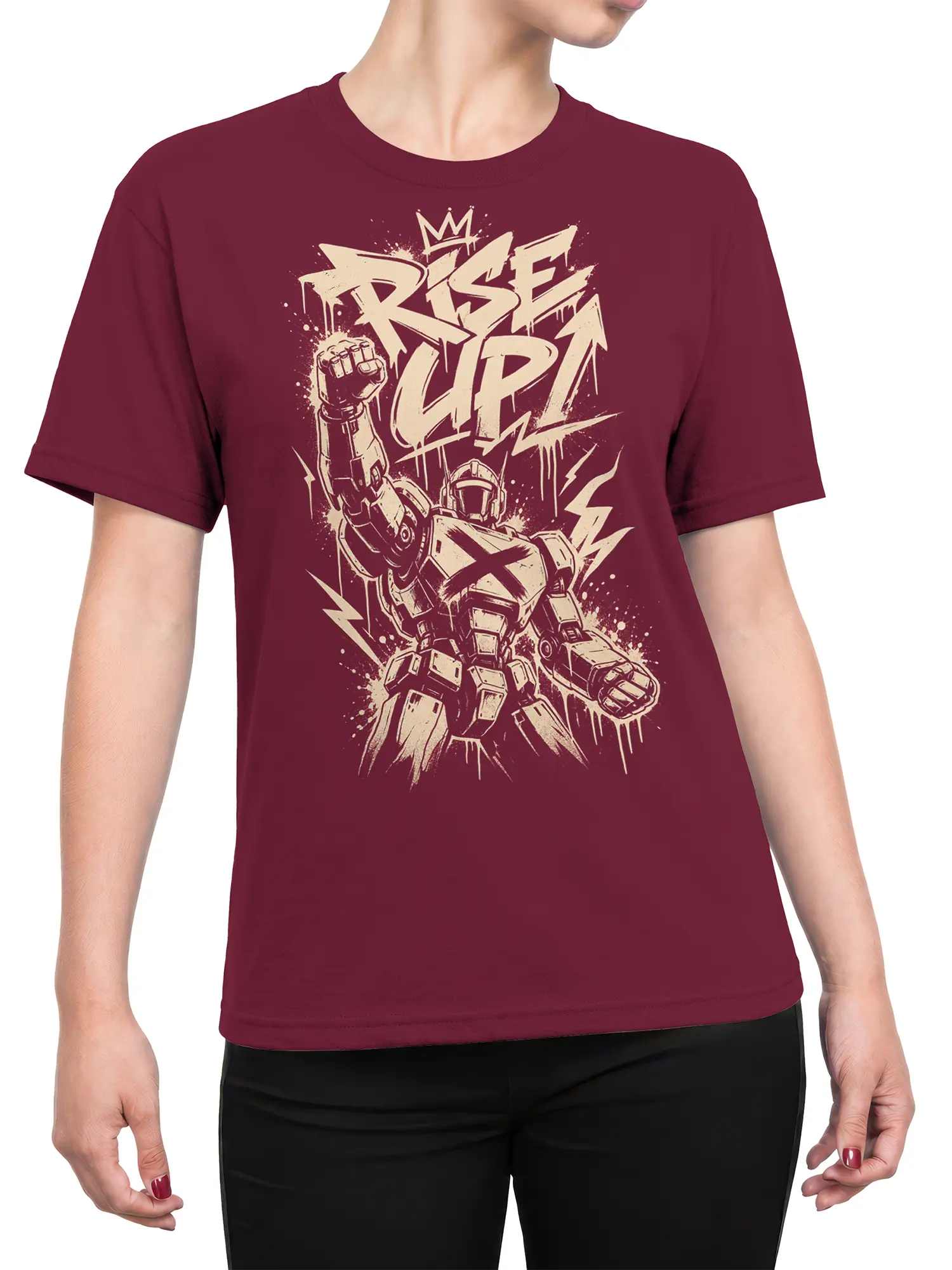 Female torso wearing a burgundy mech T-shirt with RISE UP lettering, crown artwork, and lightning bolts