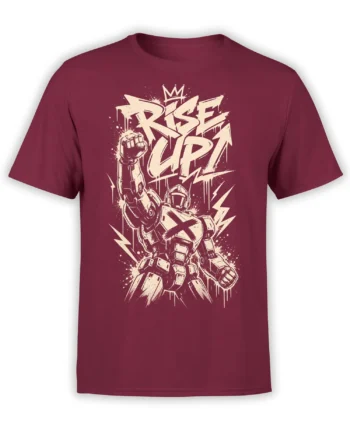 Burgundy robot T-shirt with an armored mech raising a fist beneath bold RISE UP lettering and lightning bolts