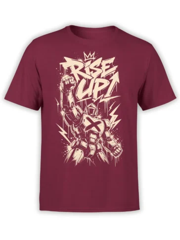 Burgundy robot T-shirt with an armored mech raising a fist beneath bold RISE UP lettering and lightning bolts