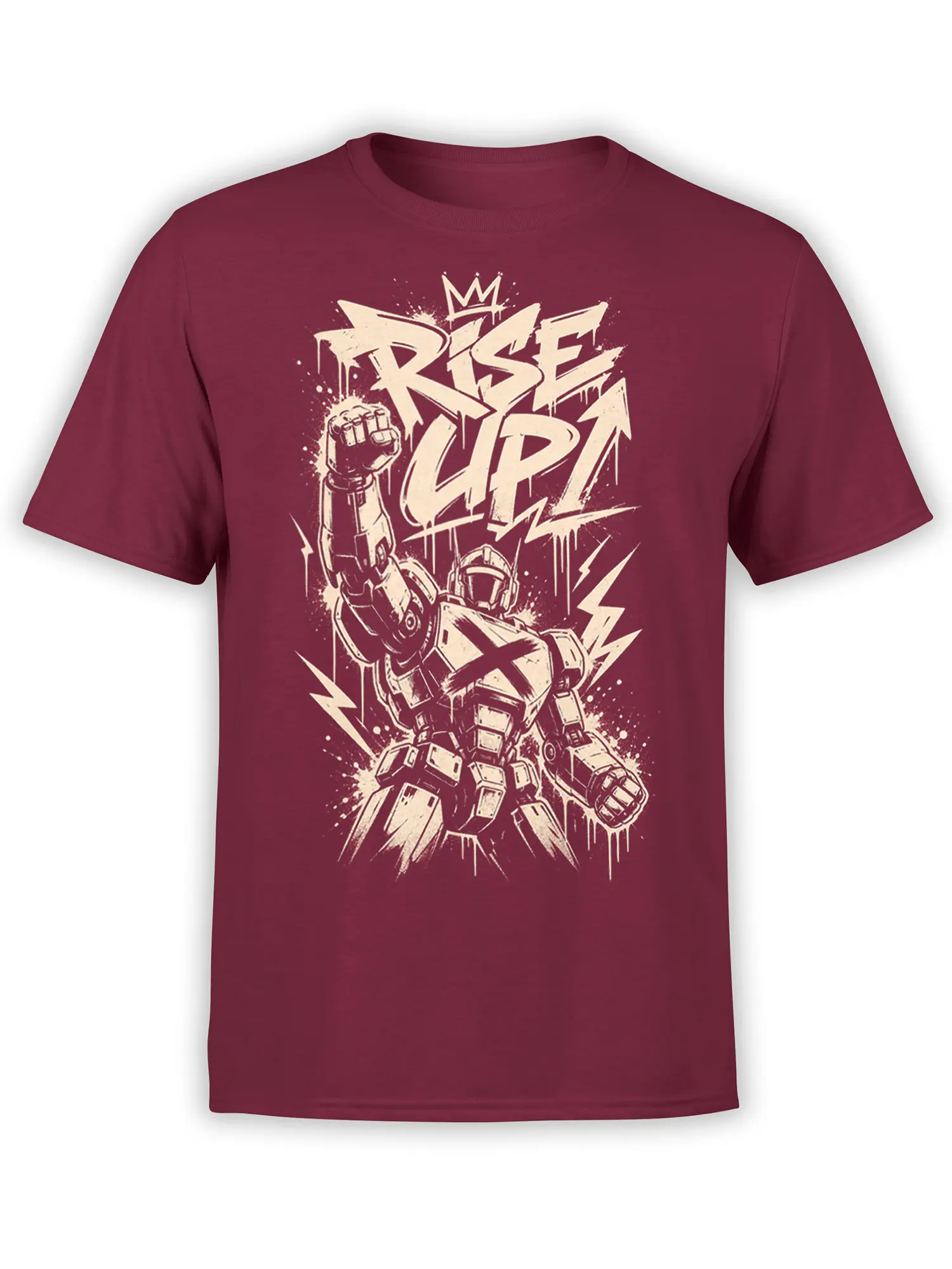 Burgundy robot T-shirt with an armored mech raising a fist beneath bold RISE UP lettering and lightning bolts