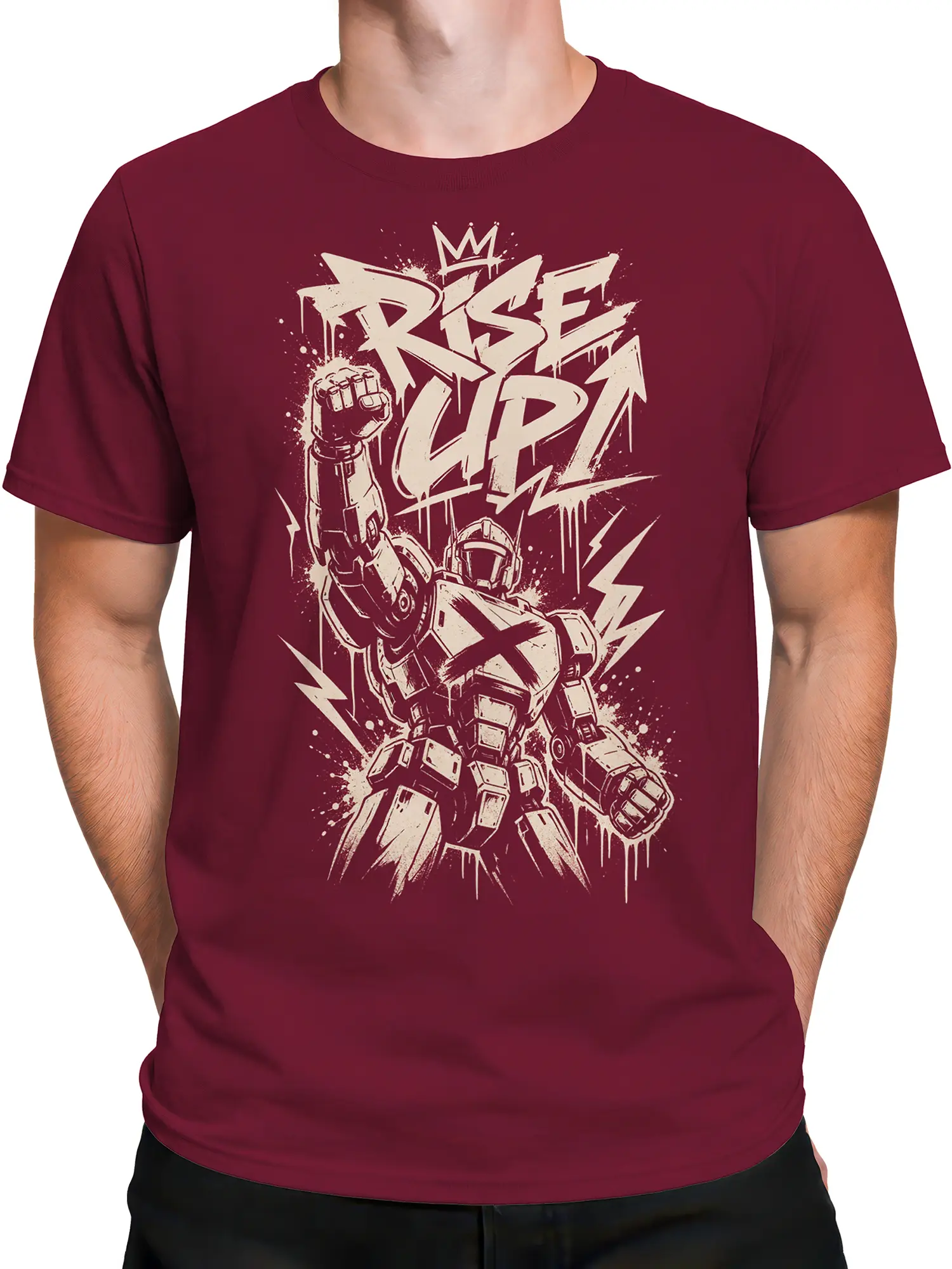 Male torso wearing a burgundy armored mech T-shirt with bold RISE UP street-art lettering