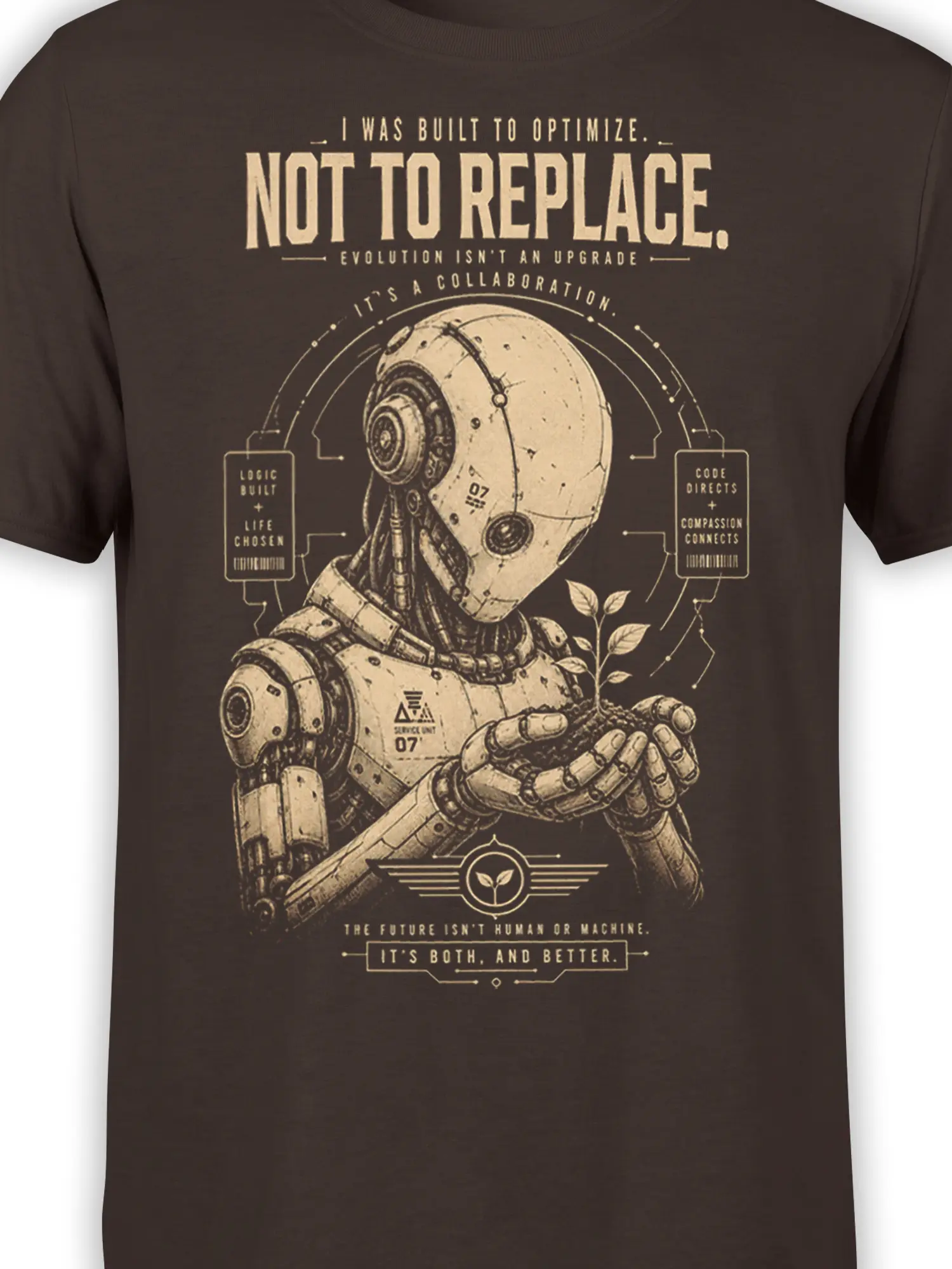 Close-up of beige robot hands holding a seedling on a brown robot graphic tee