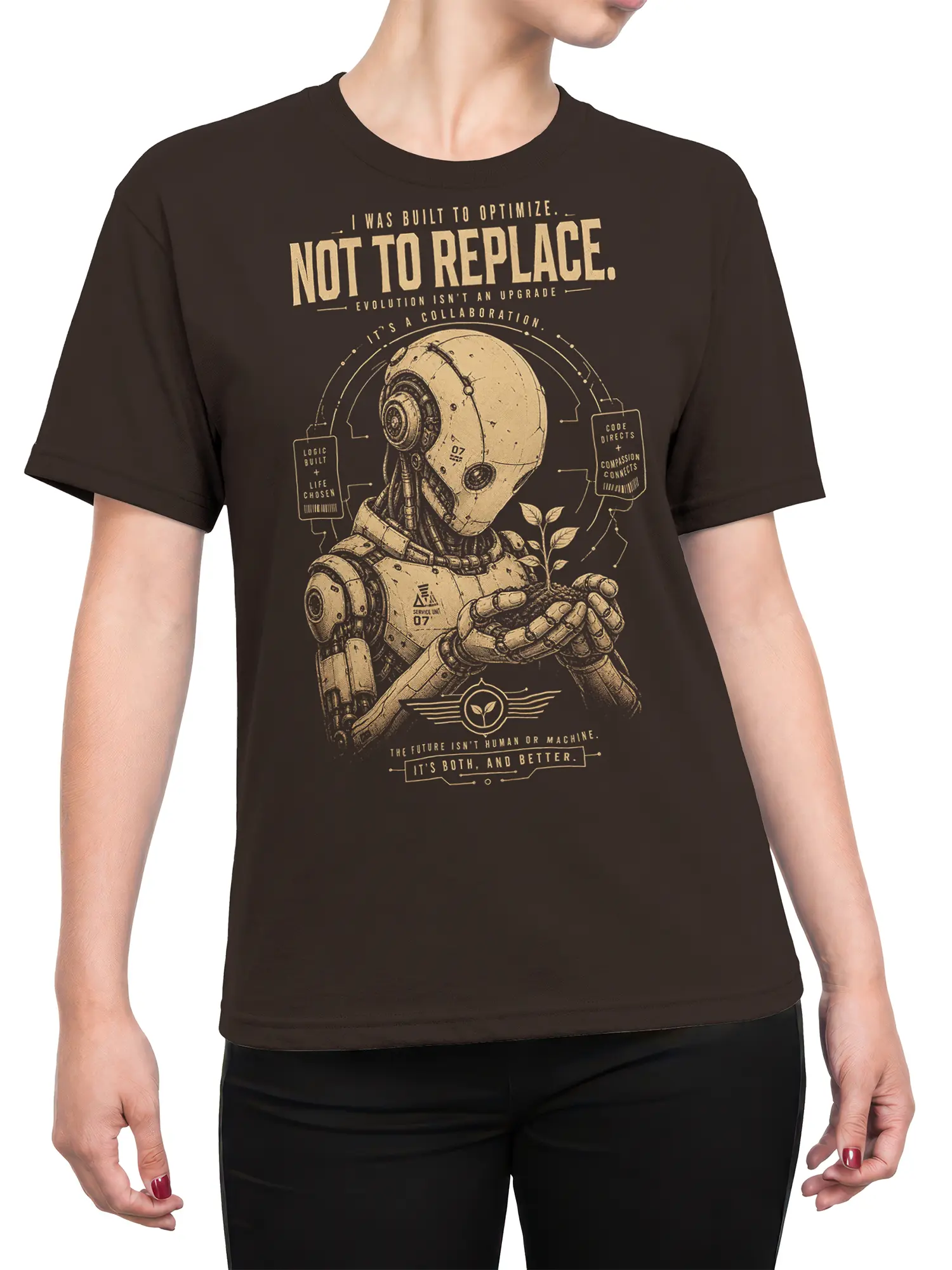 Female torso wearing a brown robot T-shirt with a beige machine and seedling graphic