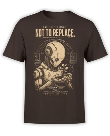 Brown robot T-shirt with a vintage-style machine holding a seedling and collaboration message