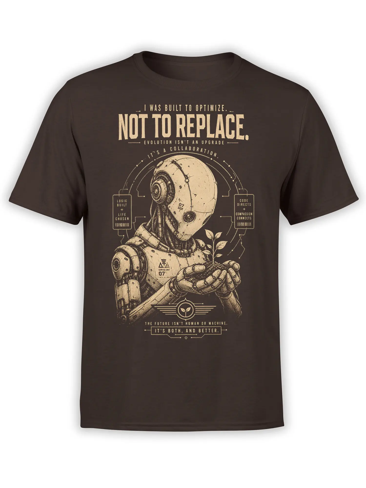Brown robot T-shirt with a vintage-style machine holding a seedling and collaboration message
