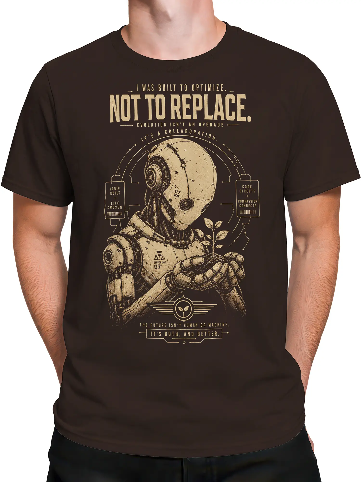 Male torso wearing a brown robot T-shirt with a vintage futuristic seedling design