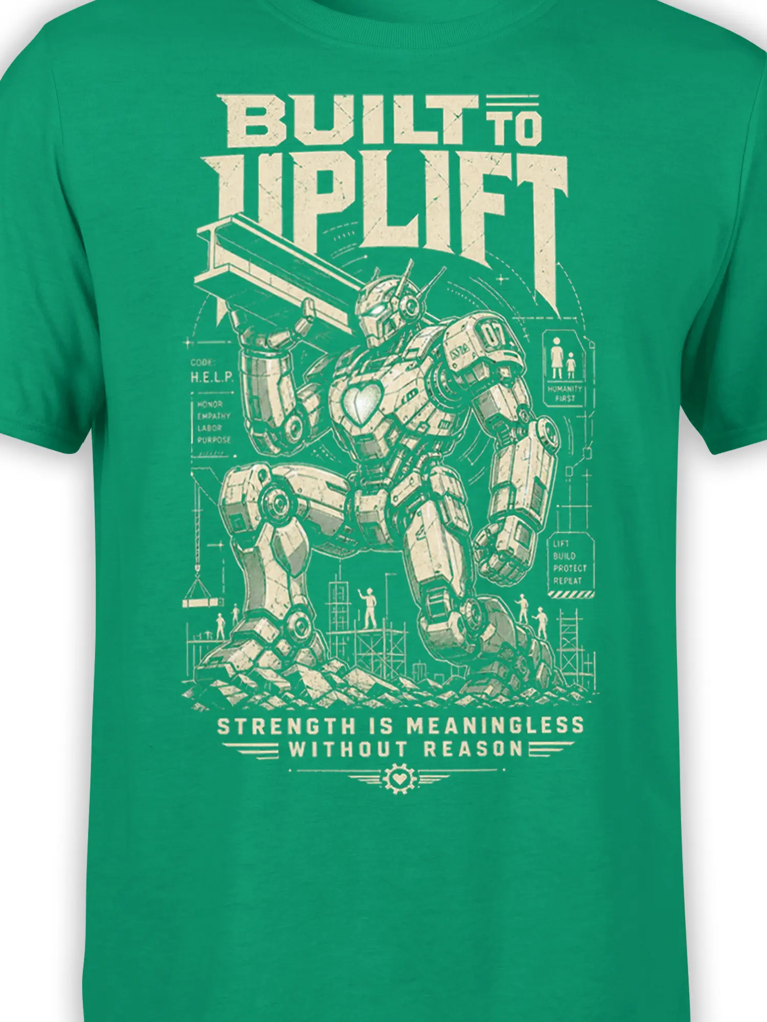 Close-up of the green robot graphic tee showing the mechanical figure, heart detail, technical marks, and cream artwork