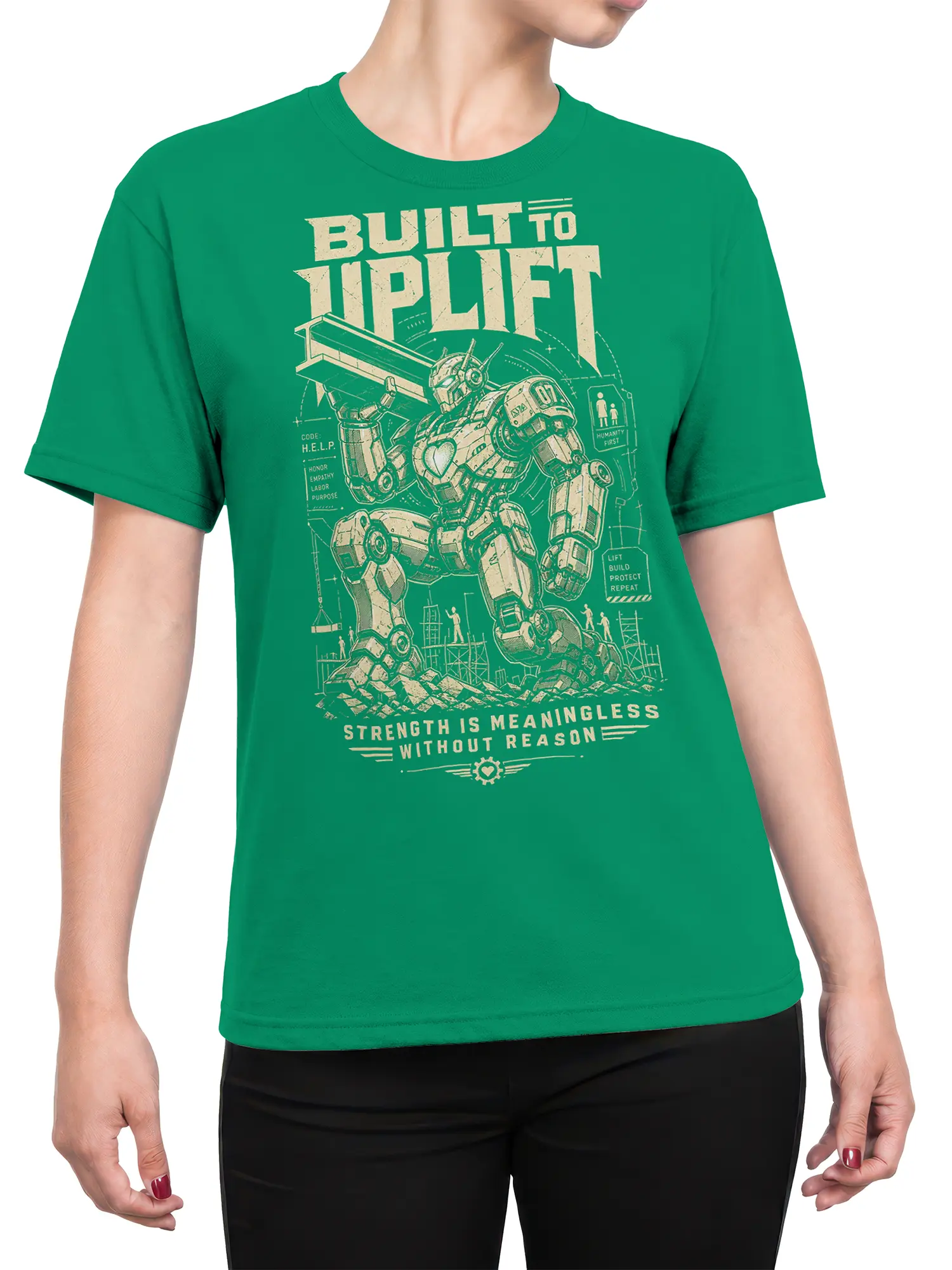 Female torso wearing a green robot T-shirt with cream vintage artwork, a lifting machine, and the words “Built to Uplift”