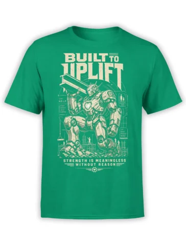 Green robot T-shirt with cream “Built to Uplift” artwork, a lifting machine, construction workers, and a purpose-driven message
