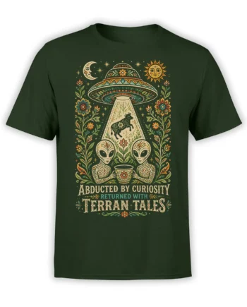 Dark green alien t-shirt with floral UFO, two extraterrestrials, floating cow, moon, sun, and Terran Tales text