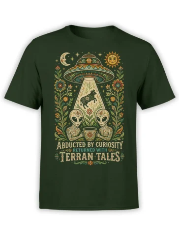 Dark green alien t-shirt with floral UFO, two extraterrestrials, floating cow, moon, sun, and Terran Tales text