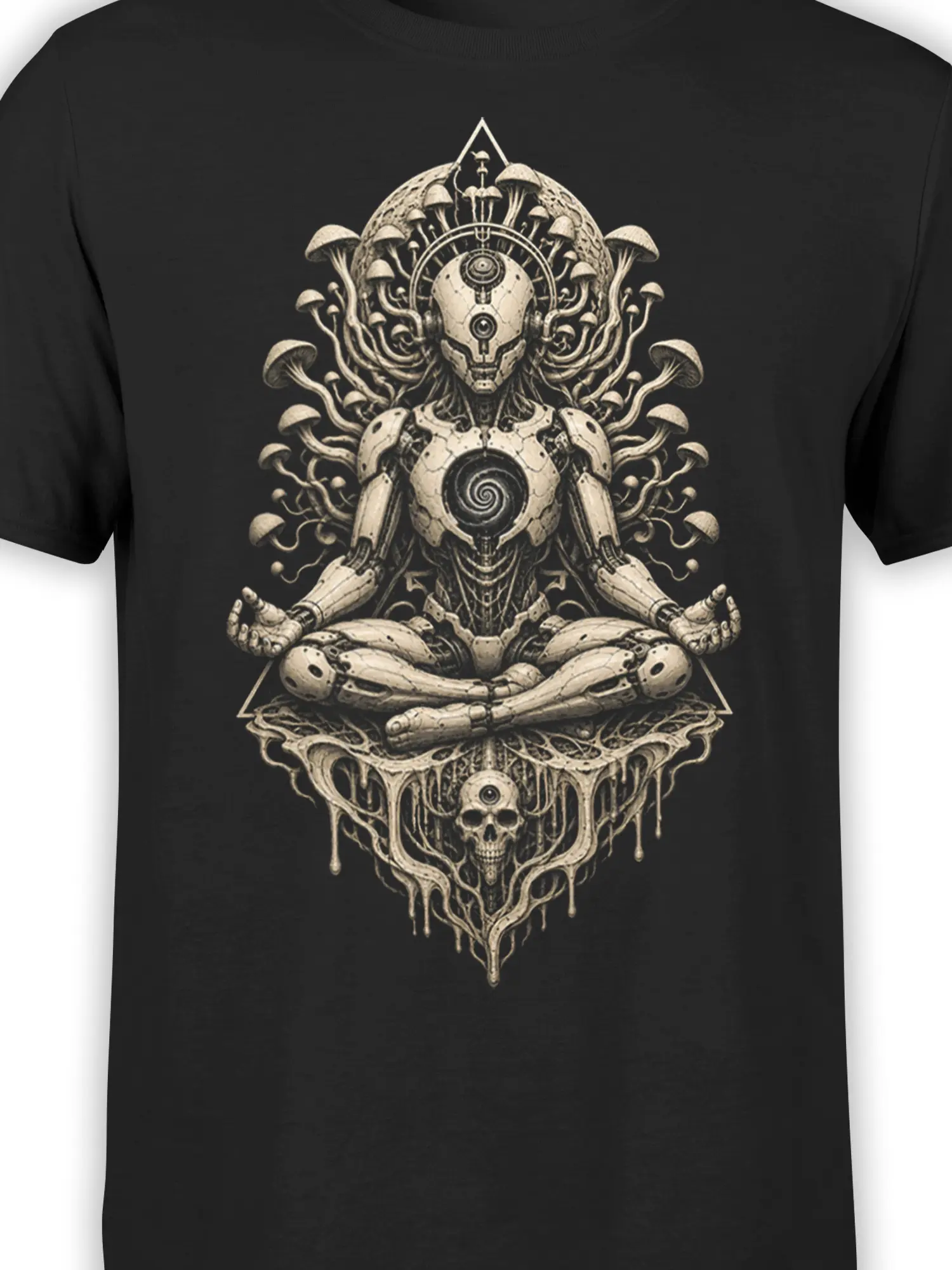 Close-up of the meditating robot and mushroom artwork printed on a black T-shirt