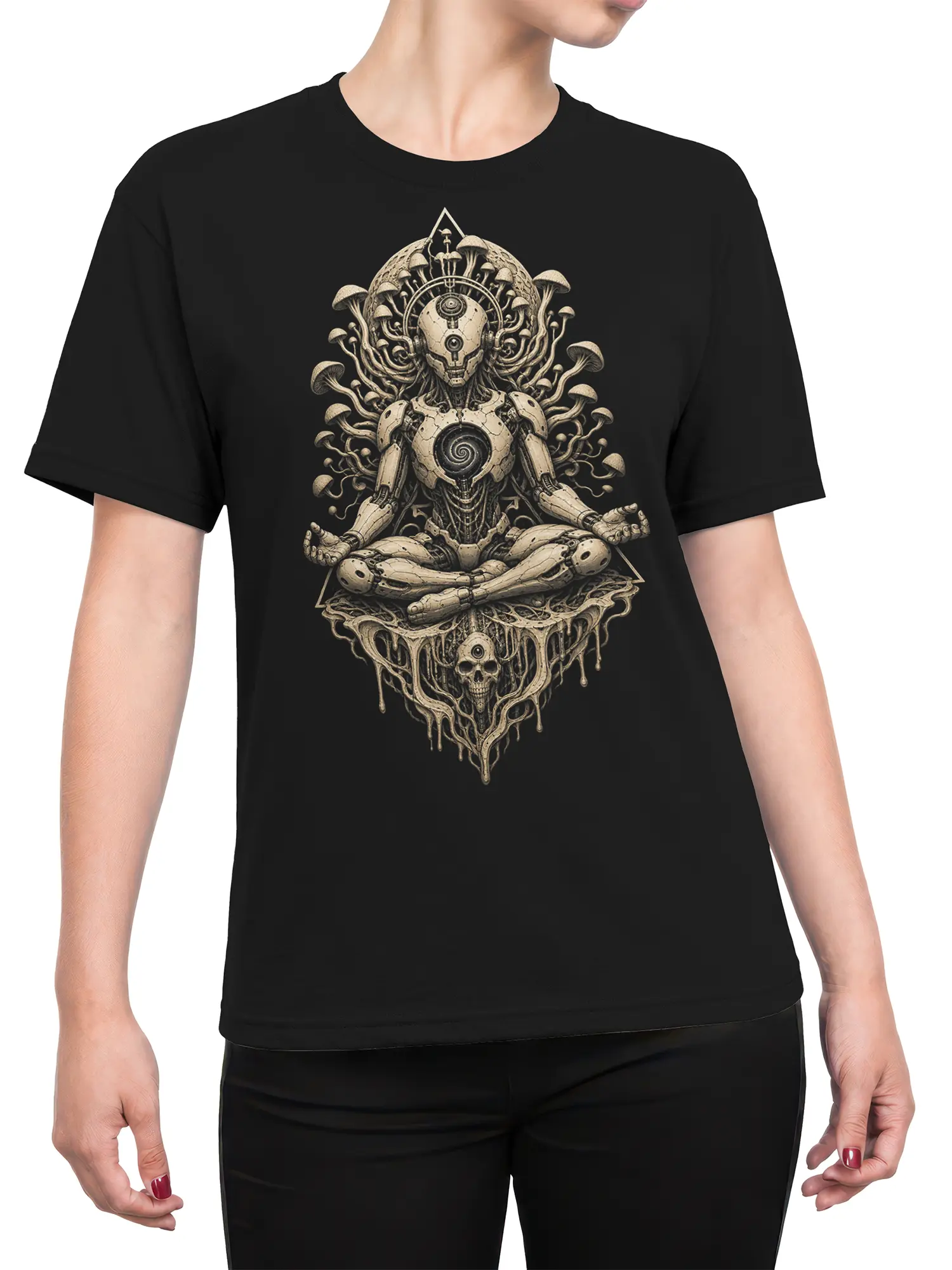 Female torso wearing a black T-shirt with meditating robot and mushroom graphic artwork