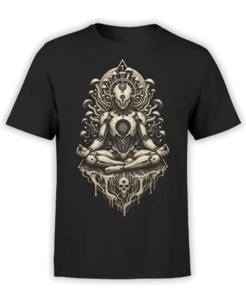 Black T-shirt with a meditating biomechanical robot, mushrooms, spirals, triangle, and skull artwork