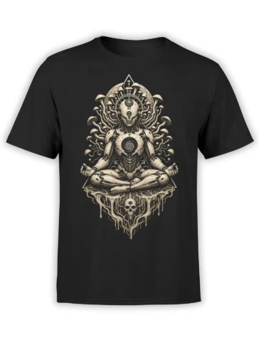 Black T-shirt with a meditating biomechanical robot, mushrooms, spirals, triangle, and skull artwork