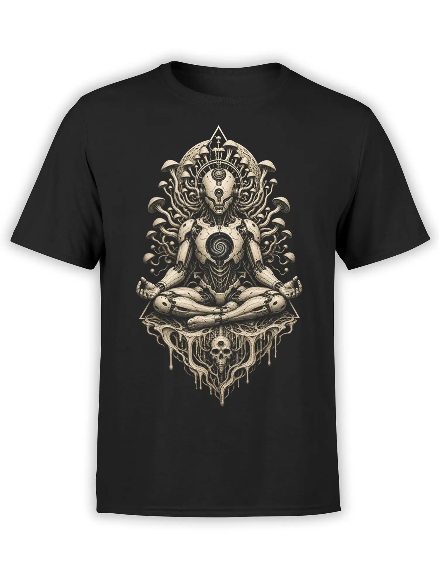 Black T-shirt with a meditating biomechanical robot, mushrooms, spirals, triangle, and skull artwork
