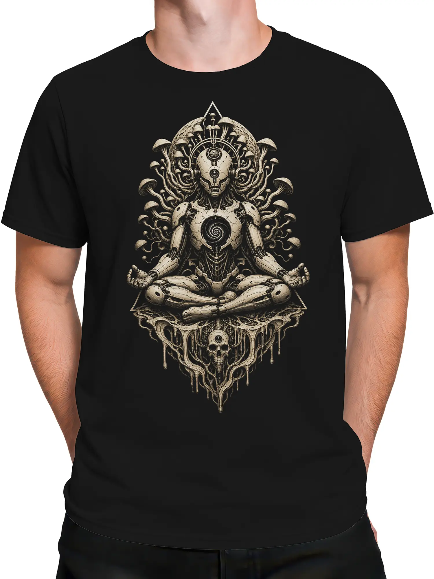 Male torso wearing a black T-shirt with biomechanical robot and mushroom artwork