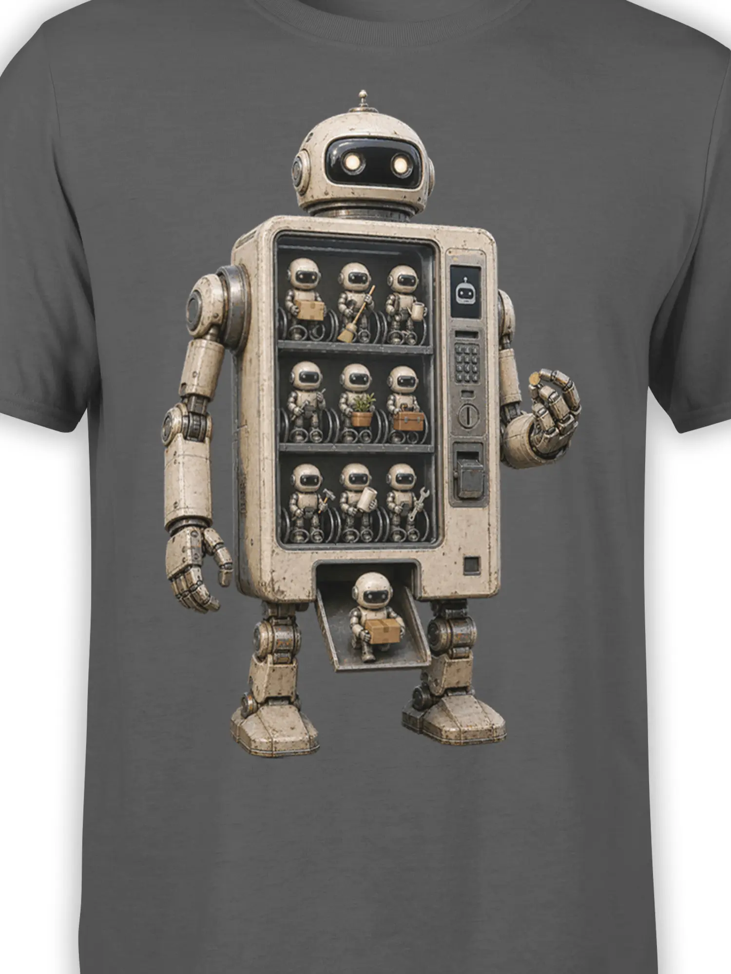 Close-up of the vintage robot supply station artwork with tiny robots and tools on gray fabric
