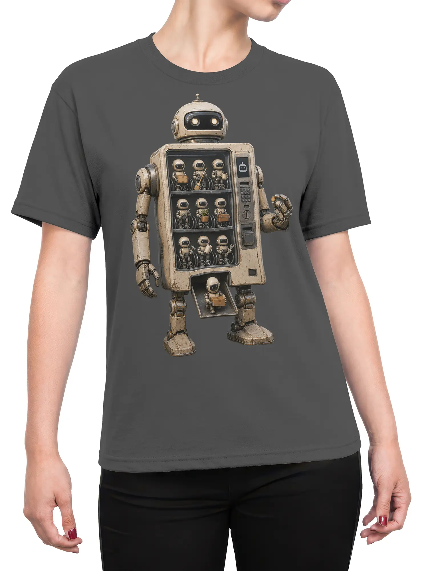 Female torso wearing a gray T-shirt with a vintage robot supply station and tiny robots