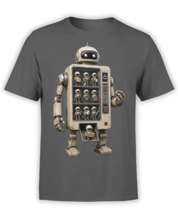 Vintage mechanical robot supply station with tiny worker robots on a gray T-shirt
