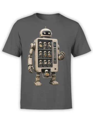 Vintage mechanical robot supply station with tiny worker robots on a gray T-shirt