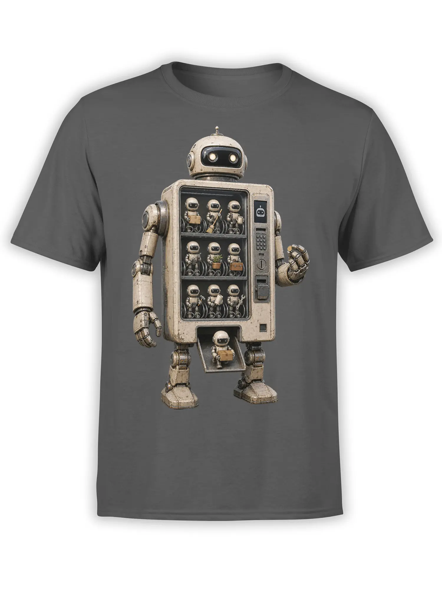 Vintage mechanical robot supply station with tiny worker robots on a gray T-shirt