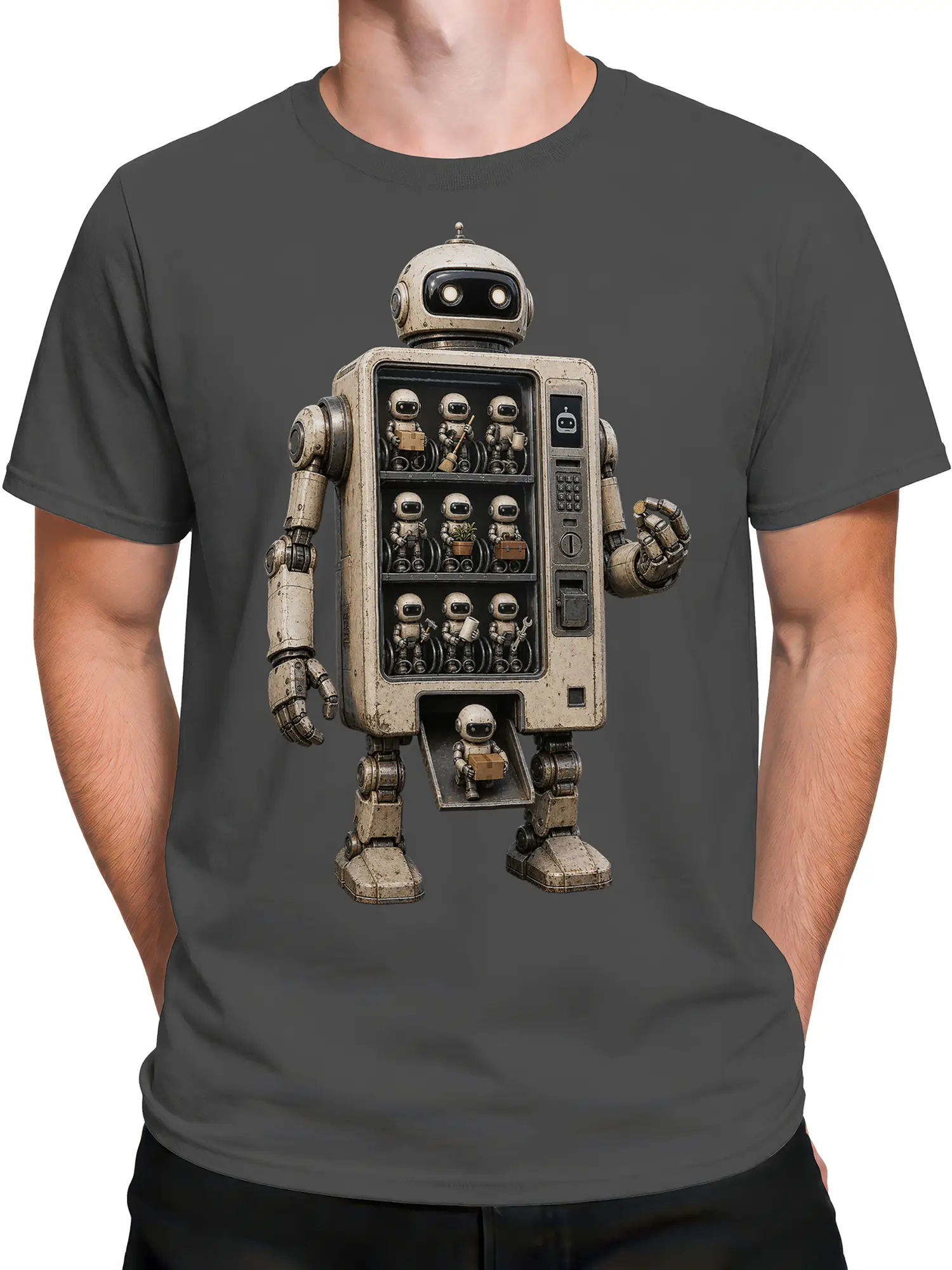 Male torso wearing a gray T-shirt with a detailed vintage mechanical robot design