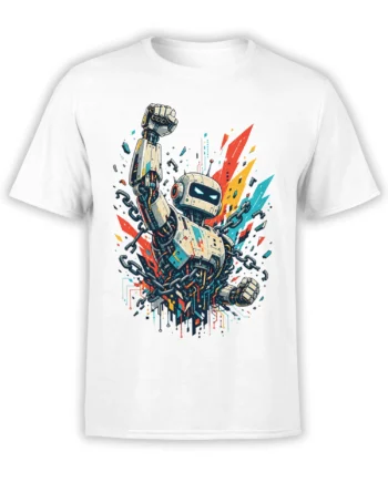 White T-shirt with a humanoid robot breaking chains amid red, yellow, and turquoise geometric bursts