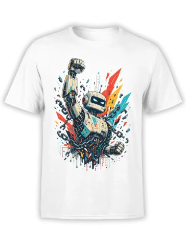White T-shirt with a humanoid robot breaking chains amid red, yellow, and turquoise geometric bursts
