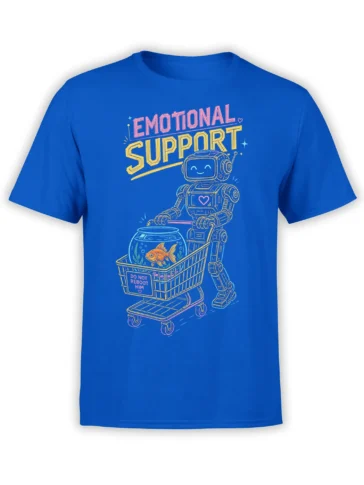Blue emotional support robot T-shirt with a goldfish bowl, shopping cart, and colorful lettering