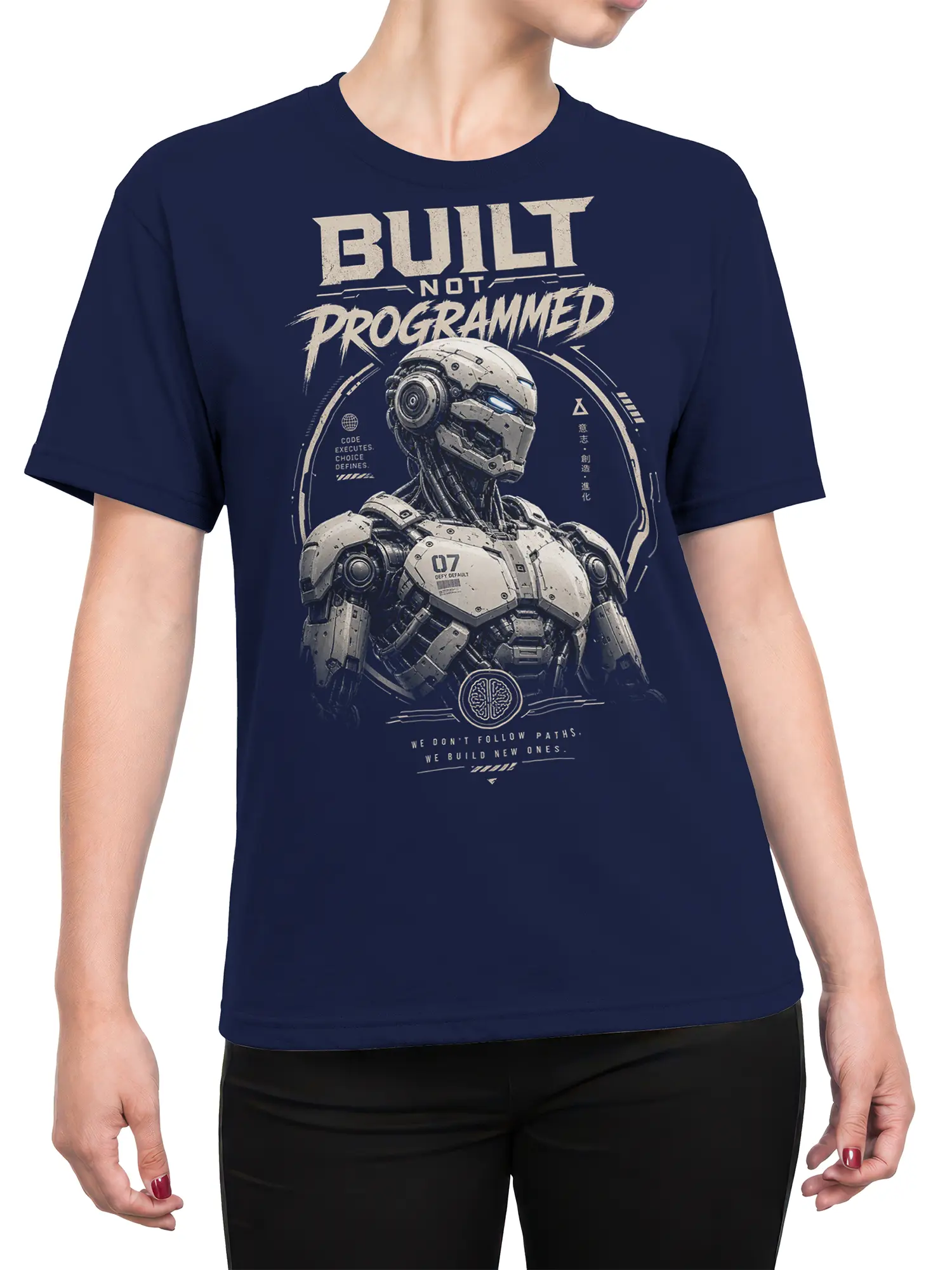 Female torso wearing a navy robot T-shirt with a futuristic “Built Not Programmed” graphic