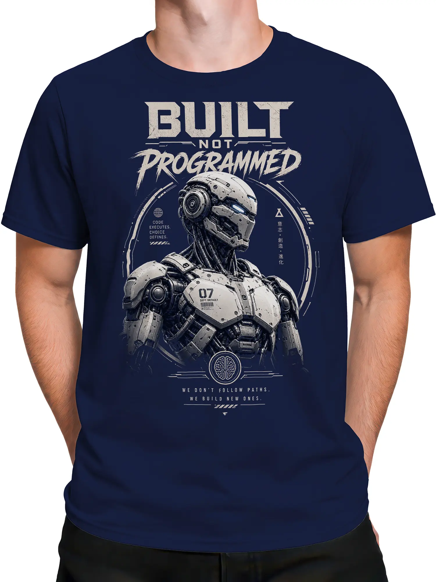 Male torso wearing a navy futuristic robot T-shirt with technical artwork