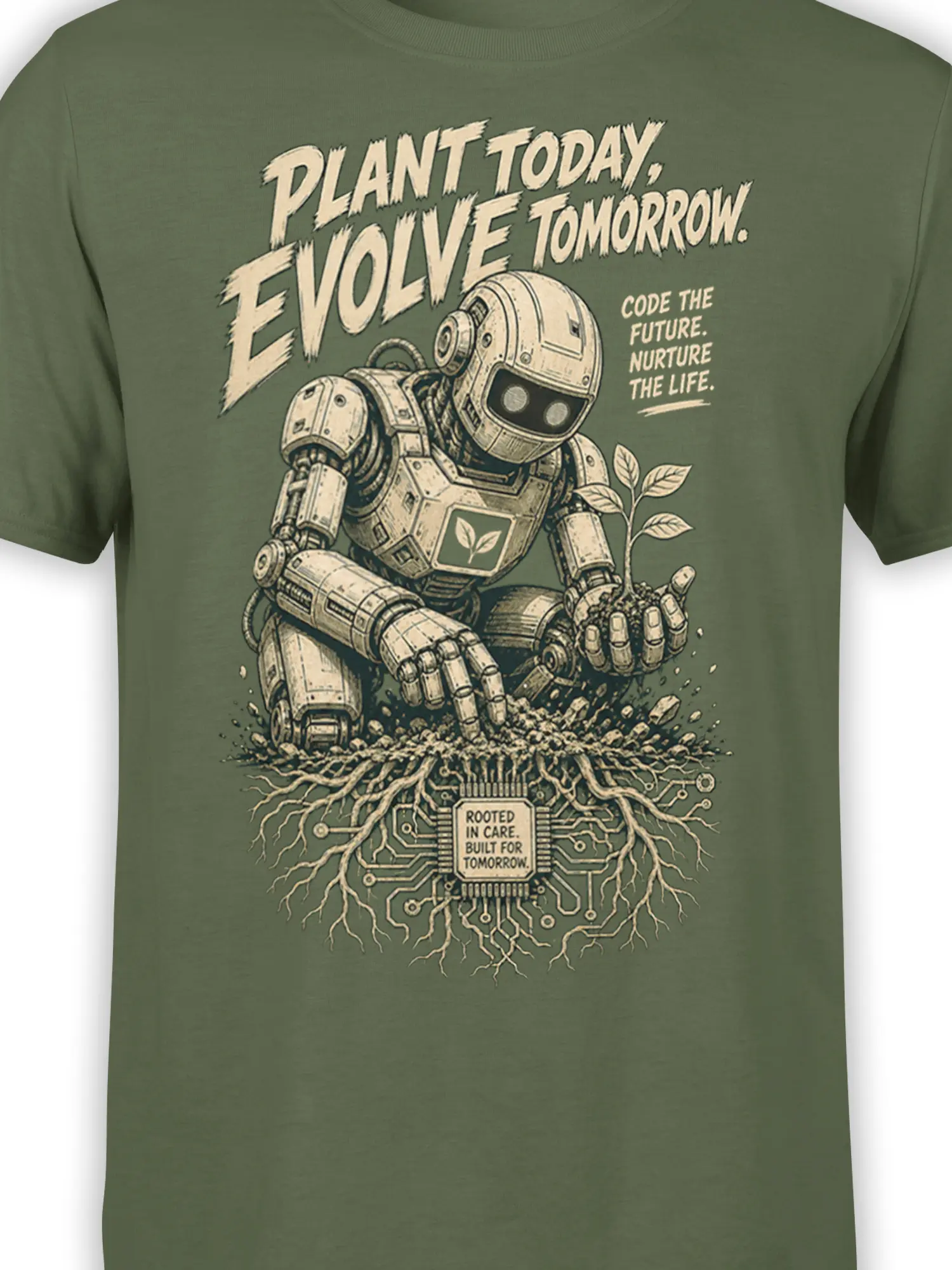 Close-up of robot holding a seedling on a green shirt with future-focused text