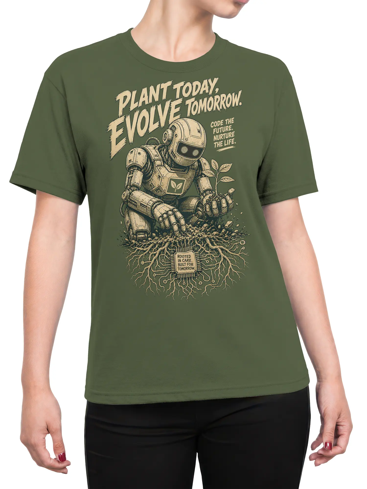 Female torso wearing a green robot plant T-shirt with circuit roots and vintage sci-fi artwork