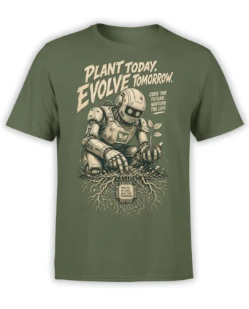 Green robot plant T-shirt with circuit roots and the message Plant Today, Evolve Tomorrow