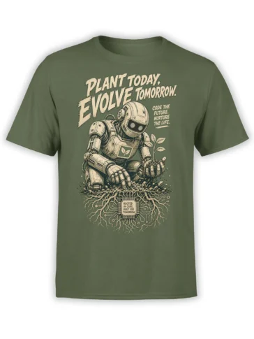 Green robot plant T-shirt with circuit roots and the message Plant Today, Evolve Tomorrow