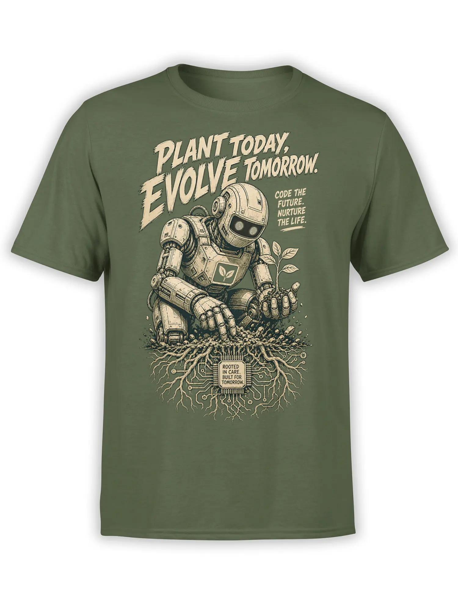 Green robot plant T-shirt with circuit roots and the message Plant Today, Evolve Tomorrow