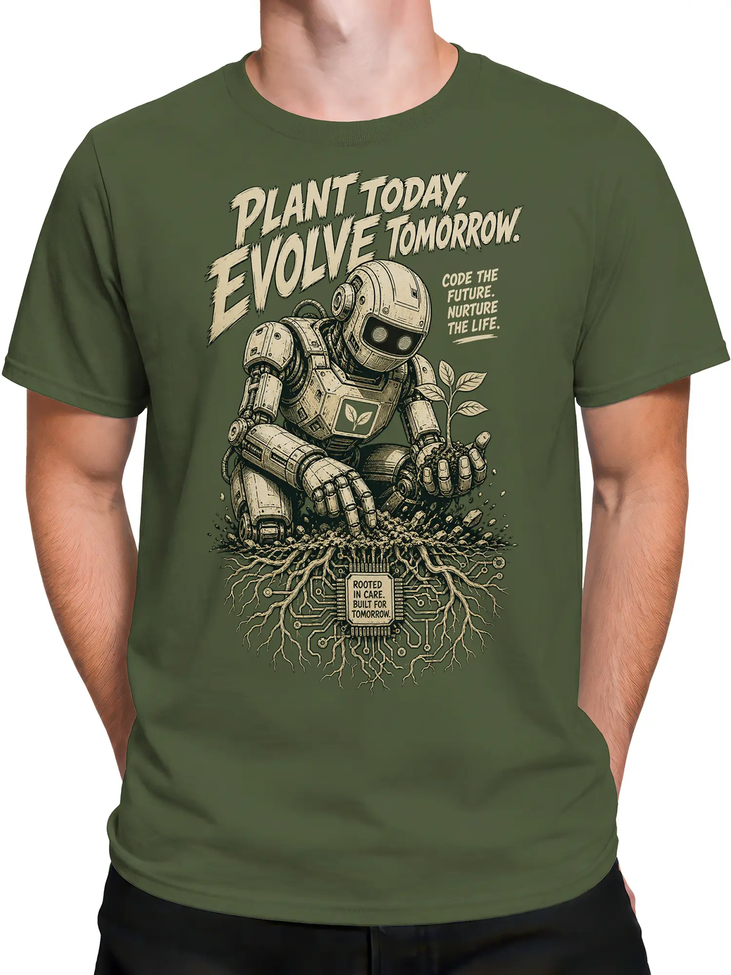 Male torso wearing a green robot plant T-shirt with vintage sci-fi artwork