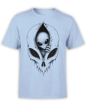 Wide-eyed alien peeking through a zipper on a light blue alien graphic T-shirt