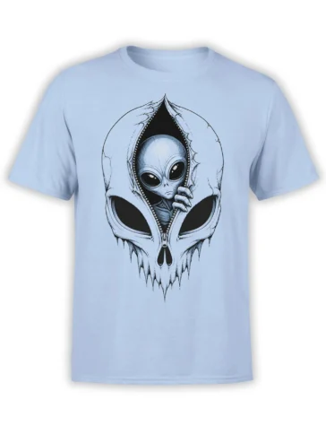 Wide-eyed alien peeking through a zipper on a light blue alien graphic T-shirt