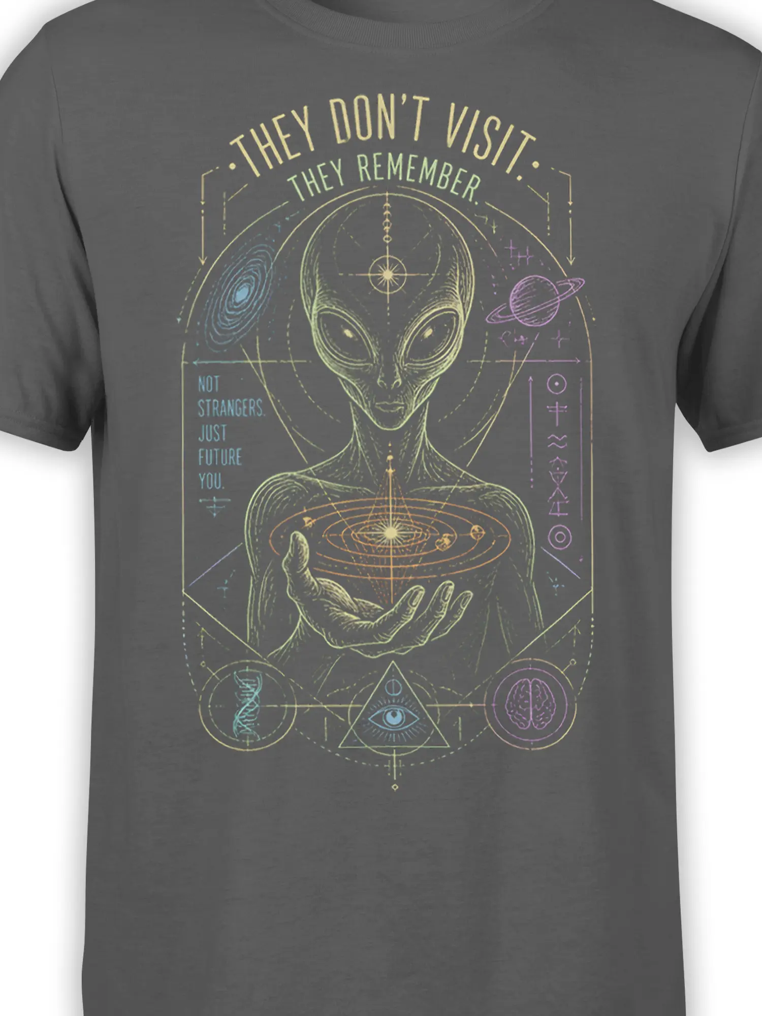 Close-up of gray alien artwork with planetary rings, geometric symbols, and cosmic future-self text