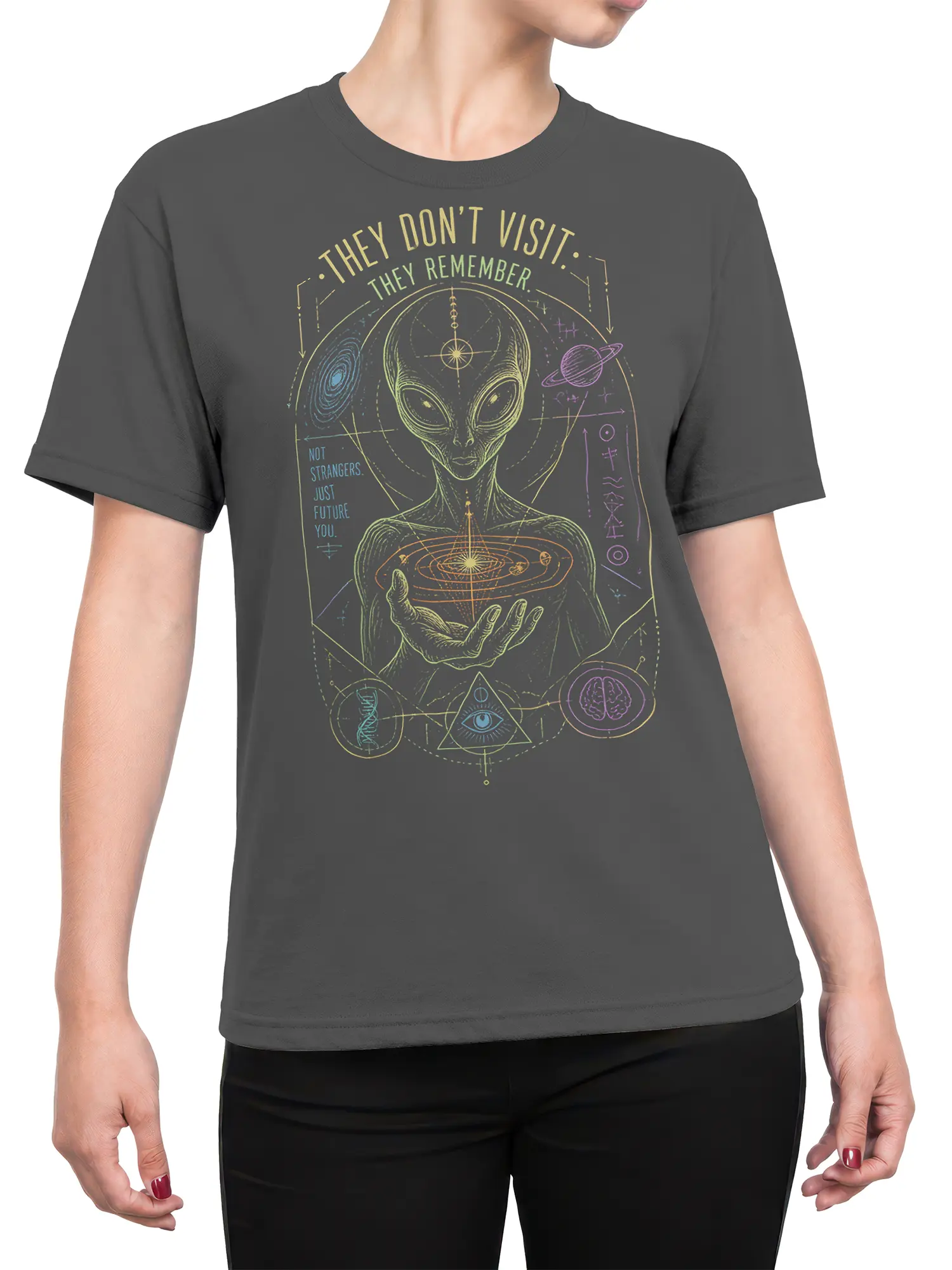 Female torso wearing a gray alien T-shirt with cosmic symbols and a planetary system design