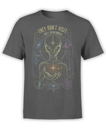 Gray alien T-shirt with a planetary system, cosmic symbols, and the text “They Don’t Visit”