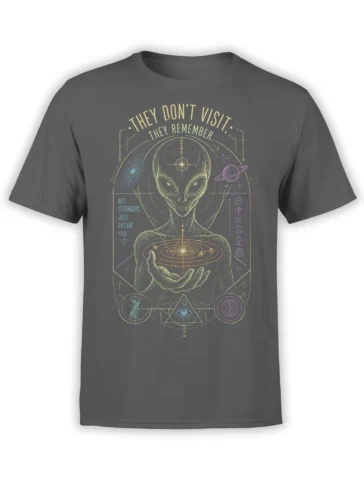 Gray alien T-shirt with a planetary system, cosmic symbols, and the text “They Don’t Visit”