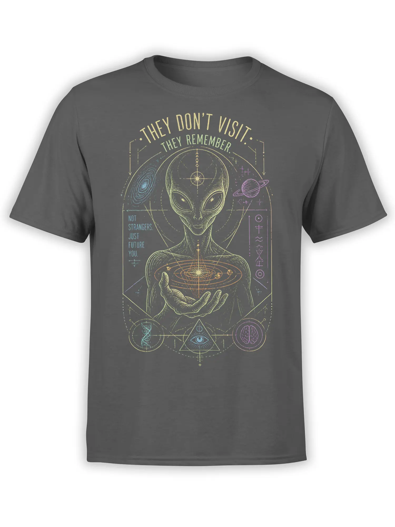 Gray alien T-shirt with a planetary system, cosmic symbols, and the text “They Don’t Visit”